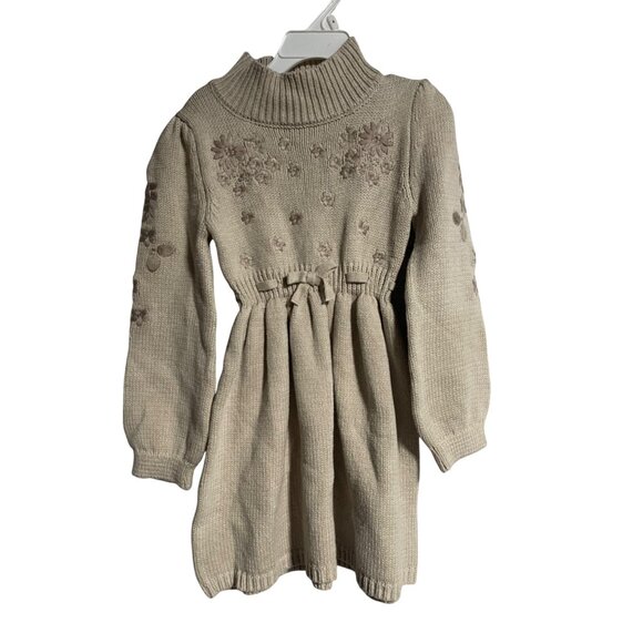 Cupcakes & Cashmere Kids Girls Sweater Dress Beige XS 4 Embroidered Floral Knit - Picture 1 of 7